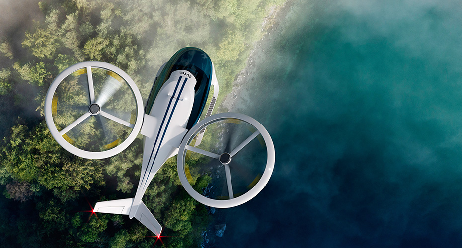 eVOL flying over lake and forest