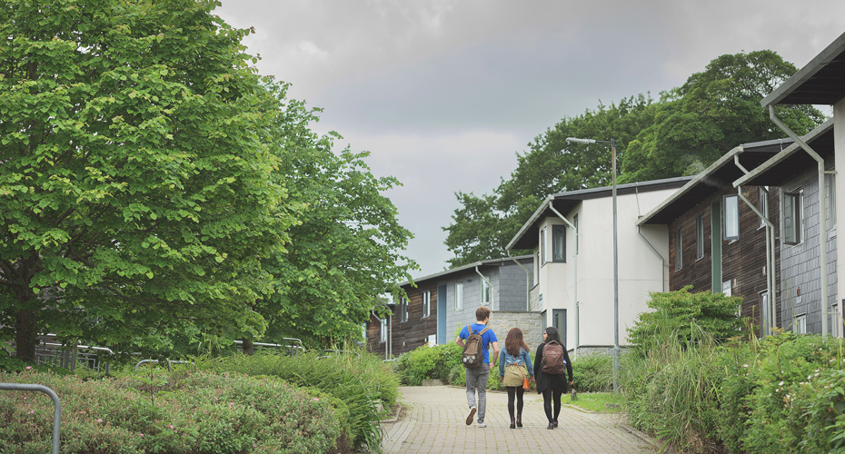3 students walking through glasney student village